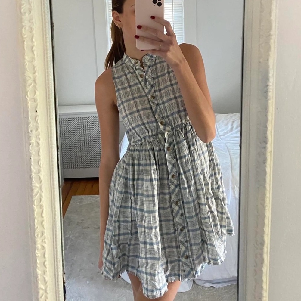 Urban Outfitters Blue and Gray Buttoned Peplum Sundress